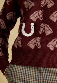 Weinroter Pullover mit pinkem Pferdekopf-Muster und einem weißen Hufeisen-Patch, kombiniert mit mehrfarbigen karierten Hosen und einem goldenen Armband.