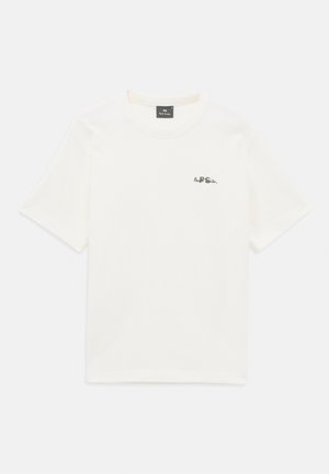 White short-sleeve t-shirt with round neck and small black "PS Paul Smith" logo embroidered on left chest.