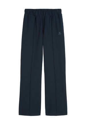 Donkerblauwe casual broek met elastische tailleband, rechte pijpen en klein geborduurd "MOP"-logo op de bovenkant van de rechterdij.