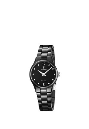 Reloj de pulsera Festina de cerámica negra con correa de eslabones de metal, esfera redonda, agujas plateadas y marcadores a las 12 y 6 en punto, mostrando las 10:10.