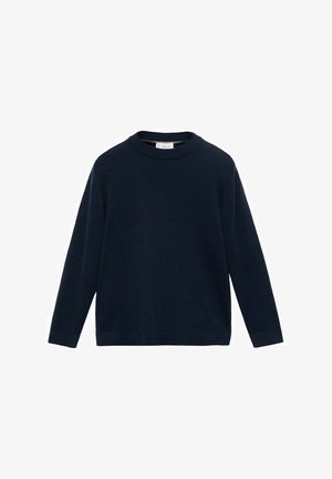 Maglione blu navy a maniche lunghe con scollo rotondo, realizzato in materiale morbido, con polsini e orlo a coste e una vestibilità comoda. Nessun motivo o dettaglio visibile.