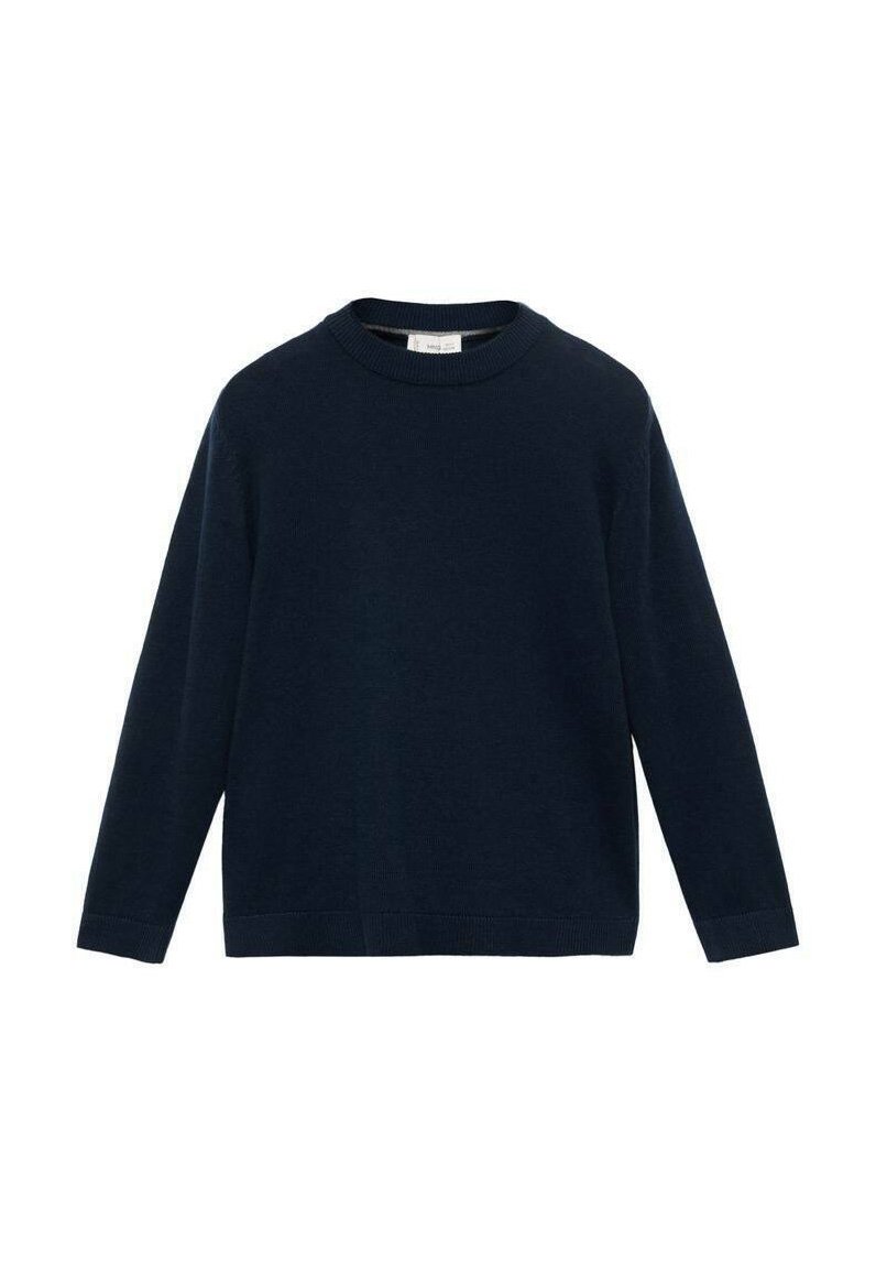 Pulover bleumarin cu mânecă lungă și guler rotund, realizat dintr-un material moale, având manșete și tiv cu nervuri, într-o croială relaxată. Fără modele sau accente vizibile.