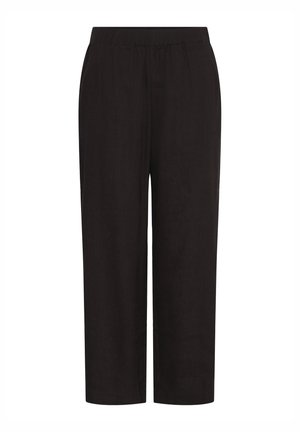 Pantalones negros holgados y cortos con cintura elástica y bolsillos laterales, diseñados para uso casual o profesional.