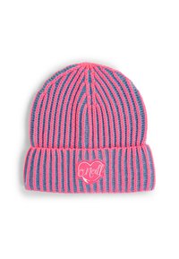 Knit beanie in alternating blue and pink stripes, featuring a ribbed texture and a round, pink logo patch on the front.