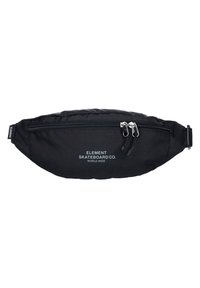 Black fanny pack made of durable fabric, featuring a prominent front zipper, logo text, and an adjustable strap for secure wear.