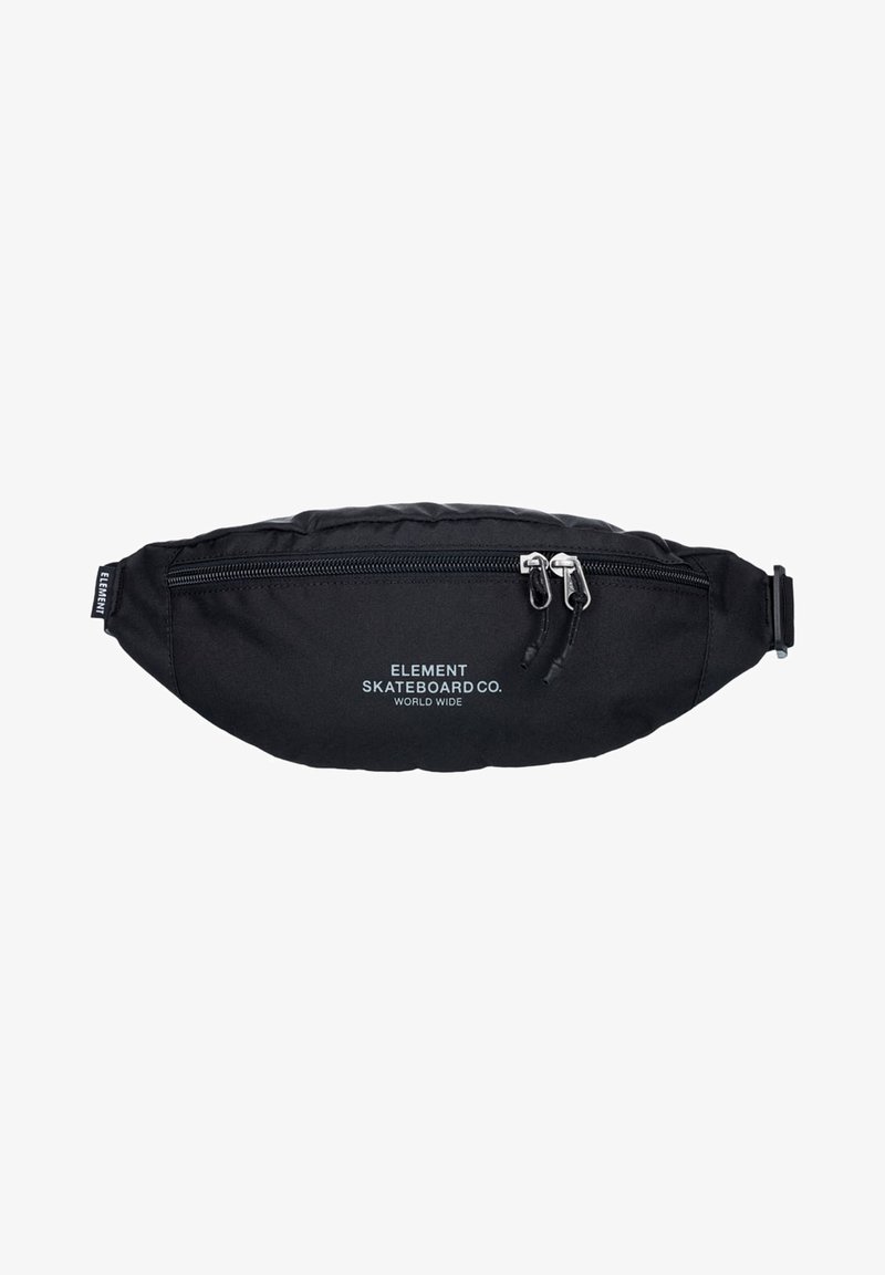 Black fanny pack made of durable fabric, featuring a prominent front zipper, logo text, and an adjustable strap for secure wear.