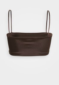 Bralette en satin marron avec fines bretelles. Présente une texture lisse et un design structuré et court. Style minimaliste sans ornement.