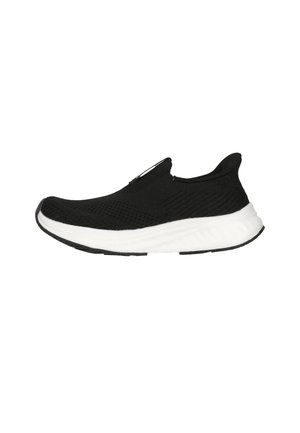 Sort slip-on sneaker med strikket overdel og tyk hvid sål vist fra siden på en hvid baggrund.
