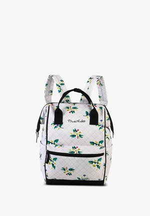 Blumenmuster-Rucksack in Weiß und Grün, mit geometrischer Textur, doppelt schwarzen Trägern, einem oberen Griff und einer Reißverschluss-Fronttasche.