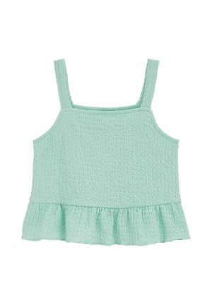 Top corto senza maniche di colore verde menta con trama, spalline e orlo arricciato, progettato per un abbigliamento casual.