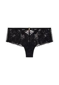 Culotte en dentelle noire avec motifs floraux, bords festonnés et un petit accent doré au centre arrière. Tissu doux et extensible.