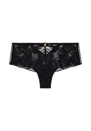 Culotte en dentelle noire avec motifs floraux, bords festonnés et un petit accent doré au centre arrière. Tissu doux et extensible.