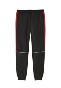 Sorte træningsbukser med røde sidelæg, elastisk talje, ankelflængninger og hvid piping langs sømmene som ekstra detaljer.