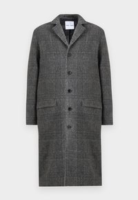 Gray patterned overcoat featuring a notched collar, six buttons, and two front pockets, made from a textured wool blend fabric.