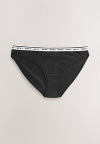 Mustadest puuvillast bikiinipõhjad, millel on valge elastne vöökoht ja "NEXT" trükitud selle servale. Sile tekstuur ja klassikaline lõige.