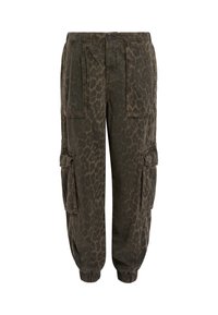 Pantalon cargo vert foncé avec un imprimé léopard discret, poignets élastiqués, grandes poches avant et latérales, et fermeture par bouton à la taille.