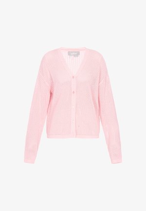 Rózsaszín, kötött kardigán V-nyakkivágással, hosszú ujjal és gombos záródással. Nyitott hálós mintázattal és bordázott szegéllyel rendelkezik a textúráért.