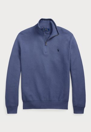 Sweater azul-marinho com gola de meia-zíper, textura de malha e logótipo bordado no peito. Punhos e bainha canelados. Tecido leve.