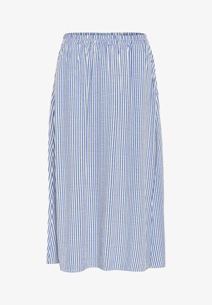 Luftiger Midirock aus leichtem Stoff mit vertikalen blau-weißen Streifen, der einen elastischen Bund und einen fließenden Schnitt hat.