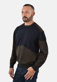 Maglione lavorato a maglia con blocchi di colore blu scuro e marrone, scollatura rotonda e maniche lunghe. Morbida texture con orlo e polsini aderenti.