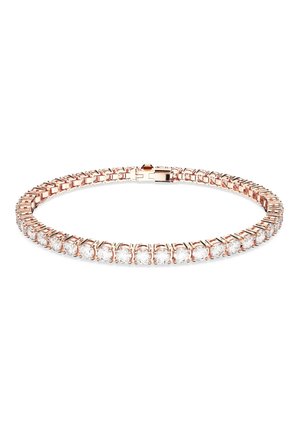 Rose gold bracelet featuring a flexible design, encrusted with clear round crystals along the front, secured with a clasp closure.