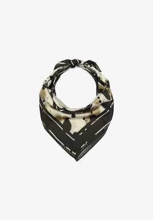 Silkescarf i svart, beige och krämfärg med abstrakta mönster och en knuten design. Har varumärkets kant med "ALLSAINTS" text.