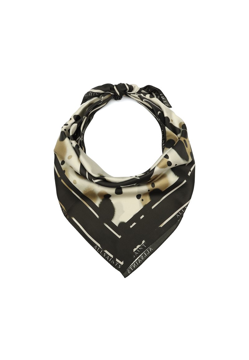 Bufanda de seda en negro, beige y crema con patrones abstractos y un diseño anudado. Presenta un borde con la marca que incluye el texto "ALLSAINTS".