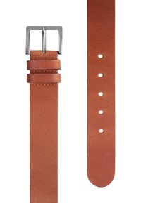 Cinturón de cuero marrón con una textura suave, hebilla cuadrada de metal y dos pasadores de cuero. Presenta múltiples orificios para el ajuste de tamaño.