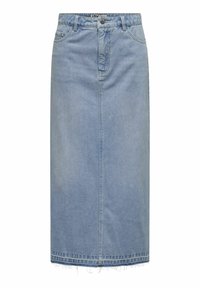 Jupe en denim délavé clair, de longueur moyenne, avec une coupe droite, un ourlet légèrement effilé, une fermeture à boutons à l'avant et un design à cinq poches.