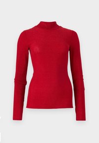 Langärmliges Rollkragenoberteil in leuchtendem Rot mit glänzender Textur. Verfügt über einen figurnahen Schnitt und gefaltete Bündchen für ein elegantes Erscheinungsbild.