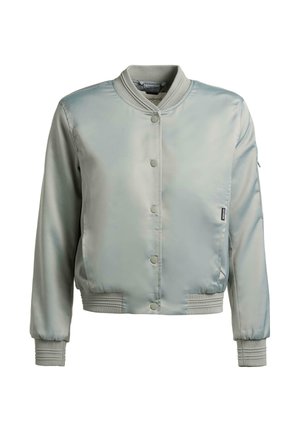 Light gray satin bomber jacket with ribbed collar, cuffs, and hem, front snap buttons, and small pocket on the left sleeve.
