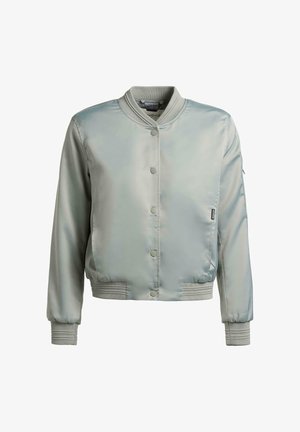 Light gray satin bomber jacket with ribbed collar, cuffs, and hem, front snap buttons, and small pocket on the left sleeve.