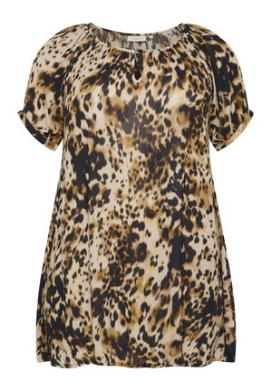 Bluza z leopardjim vzorcem v odtenkih bež, rjave in črne. Kratki rokavi, zaobljen izrez in lahkoten material s tekočim dizajnom.