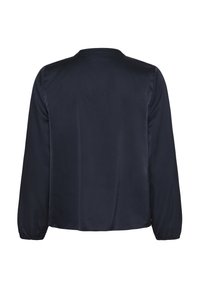 Marineblauwe blouse met lange mouwen, een gladde textuur, een ronde halslijn en elastische manchetten, met een eenvoudig ontwerp aan de achterkant zonder versieringen.