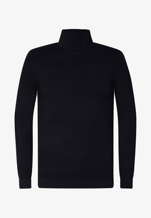 Sort turtleneck sweater, ribbede manchetter og krave, blødt strikstof, let design, lange ærmer, ingen synlig branding eller mønstre.