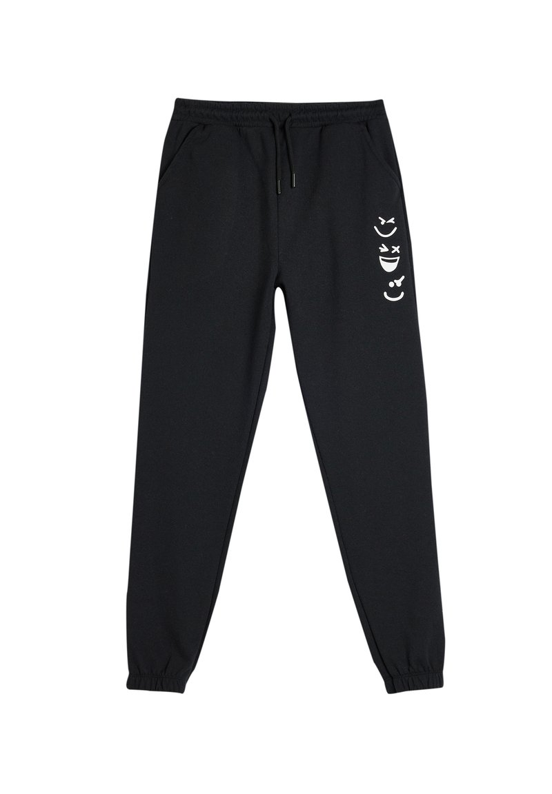 Sorte sweatpants lavet af blødt stof, med en elastisk talje med snøre, to sidelommer og hvide grafiske detaljer på benet.