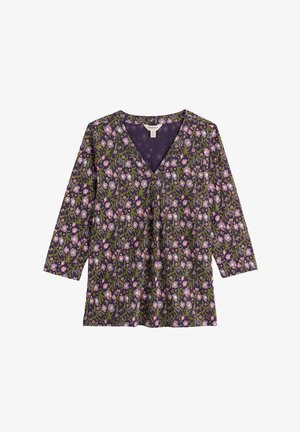 Lilla V-kaelusega pika varrukaga särk roosade ja valgete lillemustrite ning roheliste leheraamidega, valmistatud pehmest kangast.