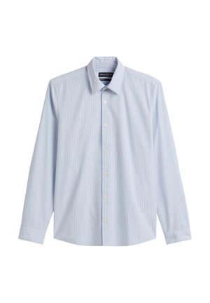 Light blue long-sleeve shirt made of cotton with white vertical stripes, buttoned front, and a pointed collar. Classic design with straight cut.