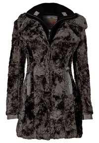 Abrigo de piel sintética en gris oscuro con cierre frontal de cremallera, cuello alto y bolsillos laterales. Presenta una tela texturizada y detalles en gris contrastante.