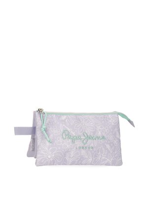 Estuche para lápices de tela lavanda con patrón floral, cremallera verde menta y "Pepe Jeans London" bordado en el frente.