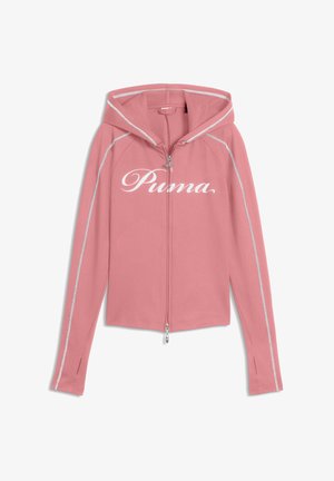 Sweat à capuche zippé intégral rose de Puma avec logo blanc, coutures blanches le long des manches et de la capuche, et trous pour les pouces aux extrémités des manches.