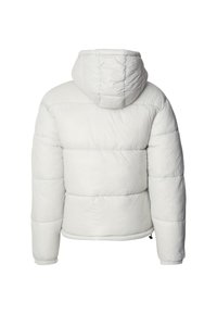 Balts kapucis pūkains jaka ar iešuvumu, iezīmēts ar elastīgām piedurknēm un sašujamu apakšmalu. Viegls, gluds audums, bez redzamām atzīmēm.