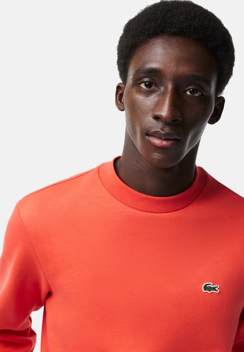 Jasnoróżowy sweter z okrągłym dekoltem, z małym zielonym logo Lacoste po lewej stronie klatki piersiowej. Gładka, miękka tekstura materiału.