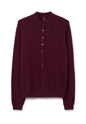 Pullover tricotato bordeaux con colletto, dotato di una chiusura a bottoni sul davanti e maniche lunghe, realizzato in un morbido tessuto testurizzato.