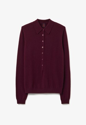 Pullover tricotato bordeaux con colletto, dotato di una chiusura a bottoni sul davanti e maniche lunghe, realizzato in un morbido tessuto testurizzato.
