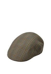 Flat cap in brown and navy houndstooth pattern. Made from woven fabric with a smooth texture. Rounded crown and curved peak.