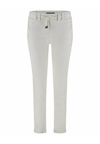 White stretch pants with a drawstring waist, rolled cuffs, and subtle texture. Smooth fabric and minimal detailing.
