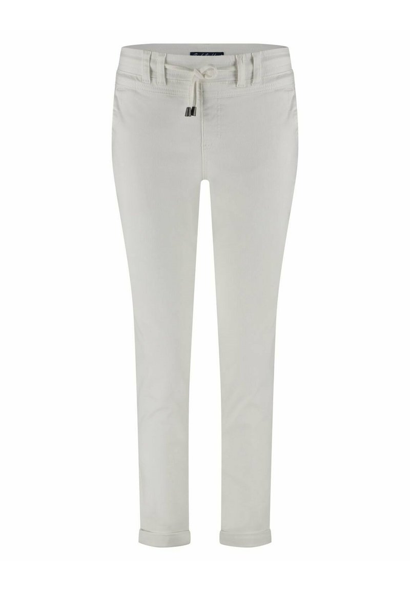 White stretch pants with a drawstring waist, rolled cuffs, and subtle texture. Smooth fabric and minimal detailing.