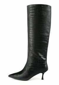 Knee-high black leather boots with a crocodile texture, pointed toe, and a slender heel. Smooth finish with a sleek, fitted design.