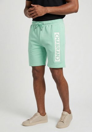 Homme portant un short vert menthe à cordon avec le logo "CHABRAND" sur le côté et des baskets beige, debout les mains jointes.